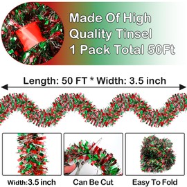50 FT Christmas Tinsel Garland Metallic Tinsel Twist Garland Shiny Christmas Tree Hanging Garland Decorations for Christmas Party Supplies Indoor and Outdoor Decoration (Red, Green and Silver)