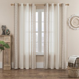 Sheer Curtains 72 Inches Long 2 Panels Set Vintage Farmhouse Curtains for Living Room Bedroom Grommet Embroidered Semi Sheer Window Curtains Flax Fabric Drapes French Country Decor, 52x72 Taupe