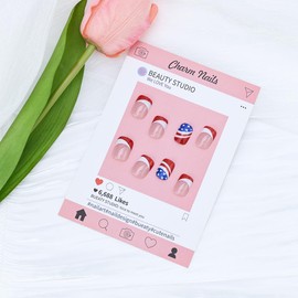 Independence Day Press on Nails Short Square Red French Tip Fake Nails with Glue American Flag Design Glitter Stick on Nails 4th of July False Nails for Women Manicure Decoration, 24PCS
