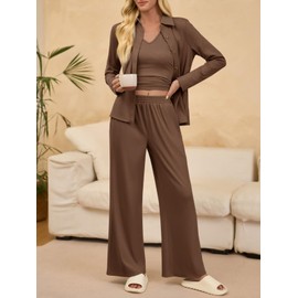 Tankaneo Womens 3 Piece Pajama Set Long Sleeve Shirts V Neck Tank Top Wide Leg Pants Sweatsuit Lounge Sets 2025 Brown