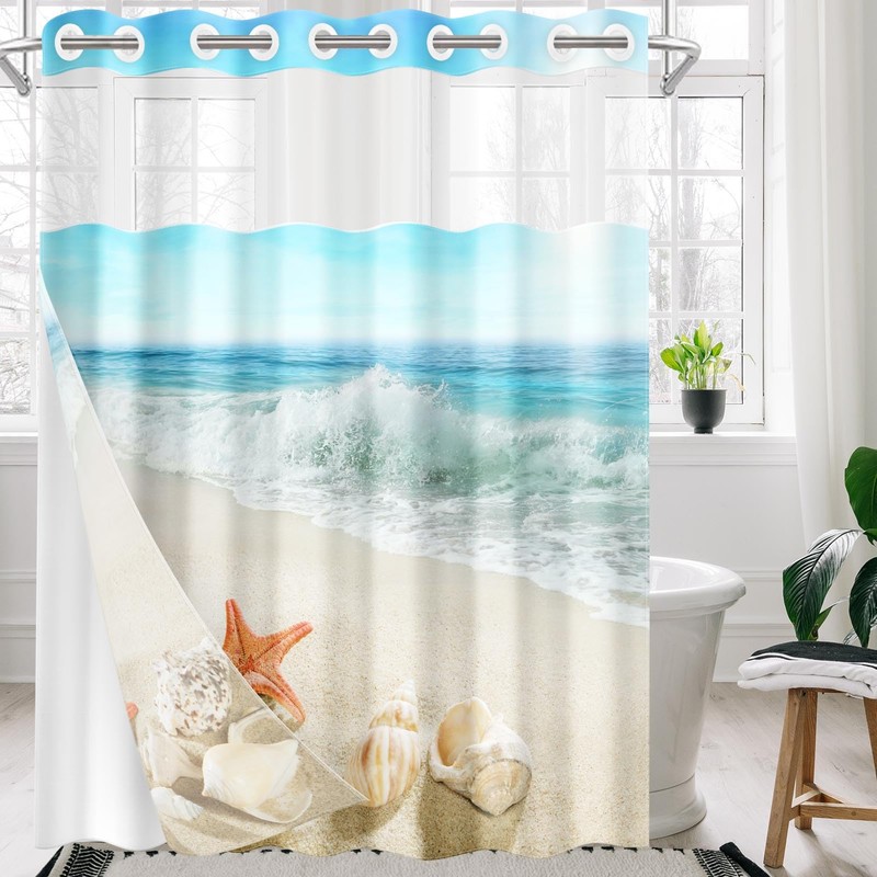 Nesphy No Hook Beach Summer Starfish Shower Curtain with Snap