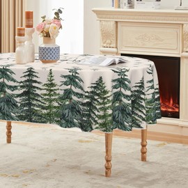Horaldaily Christmas Tablecloth 60×84 Inch Oval, Winter Snow Trees White Washable Table Cover for Party Picnic Dinner Decor