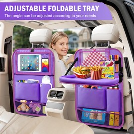 Zecirl 2Pack Car Backseat Organizer with Foldable Table Tray,6 Storage Pockets Car Storage Organizer with Tablet Holder,Car Seat Back Protectors Kick Mats Travel Accessories (Purple)