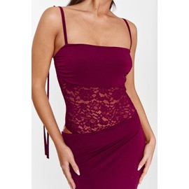 Lingt Chic Women's Lace Splicing Cutout Maxi Dress Square Neck Sleeveless Bodycon Long Dress with Sheer Corset Burgundy