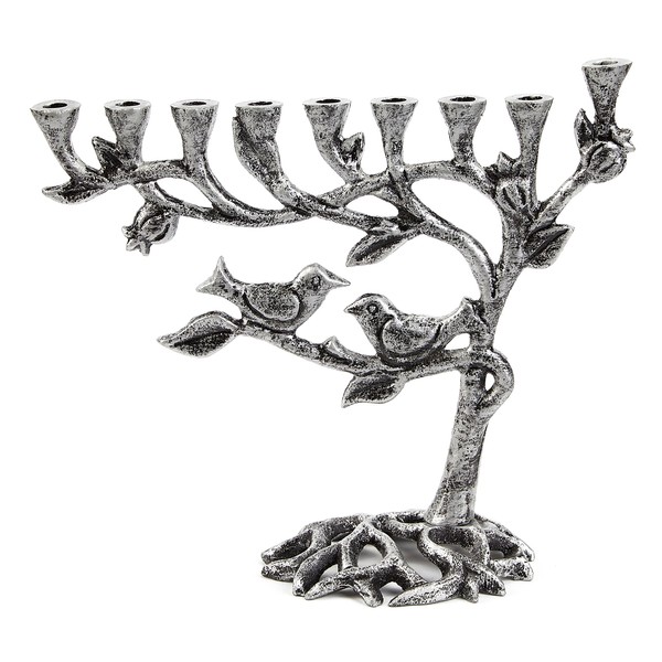 Vintage Aluminum Candle Menorah - Fits All Standard Chanukah Candles - Tree of Life Design with Antique Silver Finish - by Ner Mitzvah