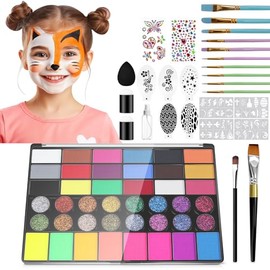Kit de Pintura Facial y Pintura Corporal de 42 Colores, Set Profesional de Pintura Facial y Corporal, con Paleta de Maquillaje, Pincel y Gemas, Pintacaritas para Niños, Adecuado para Halloween, Espectáculos, Fiestas