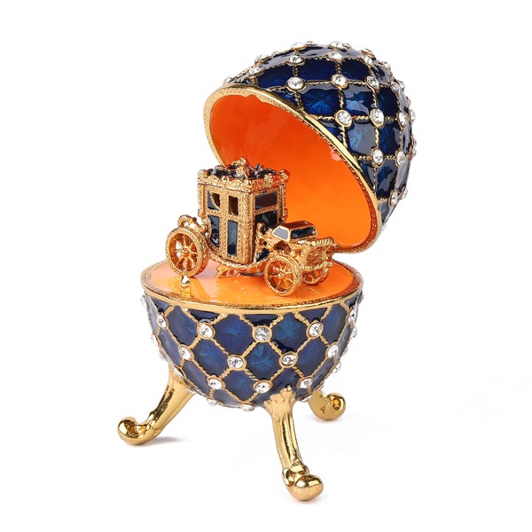 QIFU Vintage Blue Imperial Faberge Egg Style Trinket Box with Mini Royal Carriage, Unique Gift for Easter Collection(QF5291)