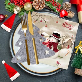 Pack of 12 Cutlery Holders Christmas Felt Christmas Tree Grey + 20 Pieces Christmas Napkins Snowman Couple, Table Decoration Christmas, Christmas Tree Cutlery Bags for Christmas Table Decoration Party