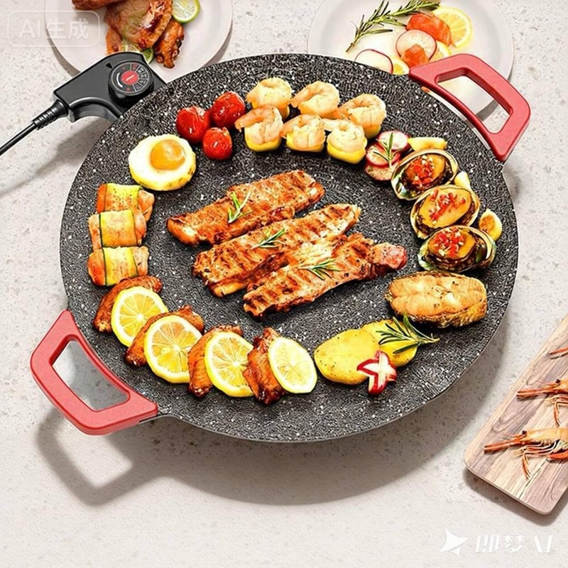 Electric Smokeless Grill, Non-Stick BBQ Griddle with Temperature Control, Round