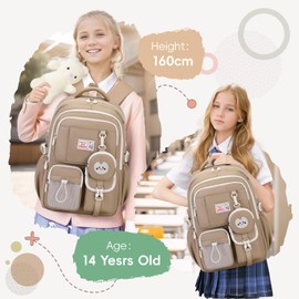 Tanou School Bag Girls Backpack Children, Breathable and Comfortable School Backpack Teenager, Fashionable Casual Oxford Fabric School Bag for Girls 3rd to 9th Grade, brown