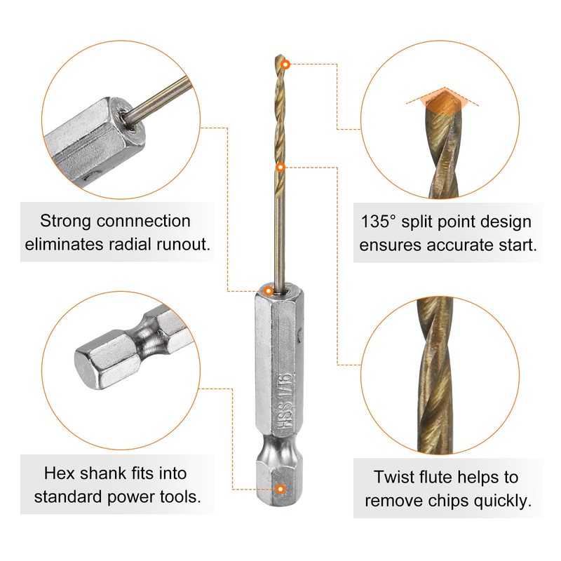 sourcing map 6pcs 1/4" Hex Shank Drill Bit 1/16" Gold