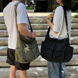 Canvas Messenger Bag, Large Capacity Crossbody Bag with Multiple Pockets - Adjustable Shoulder Bags For Women and Men,Hobo Casual Bags Canvas Shoulder Tote Bag for School Travel Work Shopping Daily