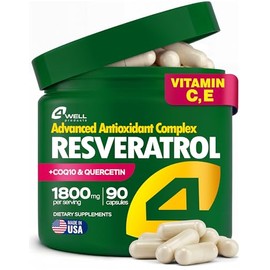 Resveratrol Supplement 1800mg Complex - COQ10, Quercetin, Vitamin E, Calcium Ascorbate - Powerful Antioxidant Formula for Enhanced Energy Heart Health