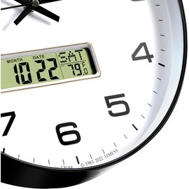 TIMESS Wall Clock, 13" Dial Non-Ticking Silent Battery Operated Analog with LCD Display for Perpetual Calendar and F° Temperature, Ideal Modern Home, Bedroom, Kitchen, Office Decor(Black)