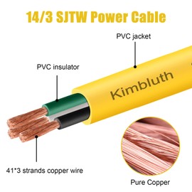 Kimbluth SJTW 14/3 Wire 100FT Heavy Duty Copper Wire, 14 Gauge 3 Conductor Outdoor Extension Power Cable for Battery, Automotive， Motor, Industrial