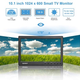 Haiway 10.1 inch Security Monitor, 1024x600 Resolution Small HDMI Monitor Small Computer Monitors with Remote Control with Built-in Dual Speakers HDMI VGA BNC Input for Gaming CCTV Raspberry Pi PC