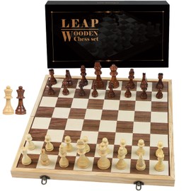 LEAP Wooden Chess Set 17" Inches - 2 Extra Queens - Folding Board Raised Edge, Handmade Portable Travel Chess Board Game Sets with Game Pieces Storage Slots - All Age Chess Set for Adults and Beginner