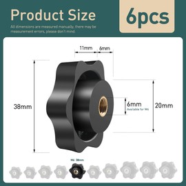 BOUMVID Star Grip Nut M6 Pack of 6, Wing Nut Outer Diameter 38 mm, Knurled Screw Female Thread Brass, Star Handle for Machines and Systems, Machine Tools, Fitness Equipment, Furniture