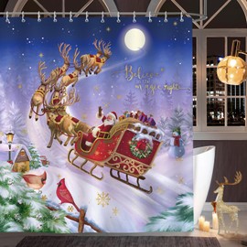 Bonhause Christmas Shower Curtain Santa Claus Reindeer Sleigh Xmas Winter Holiday Decorative Bath Curtain 72 x 72 Inch Polyester Fabric Waterproof Bathroom Curtain with 12 Hooks