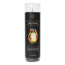Vrinda® Holy Death Santa Muerte 7-Day Glass Prayer Candle, Infused with Essential Oils, Voodoo, Hoodoo, Intention Candle, Magick, Wiccan, Pagan, Manifestation Jar Candle, 300g, Black