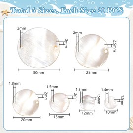 AHANDMAKER 120Pcs Flat Round Shell Beads, 6 Sizes Shells Pieces with 2 Hole Natural Capiz Shell Charms Ocean Cabochons Beads for Wind Chimes Jewelry Making Wedding Home Decor Hanging