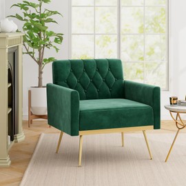 Giantex Modern Velvet Accent Chair - Mid-Century Upholstered Single Sofa Chair w/Button Tufted Back, Golden Metal Legs, Adjustable Foot Pads, Comfy Living Room Armchair for Bedroom, Emerald Green