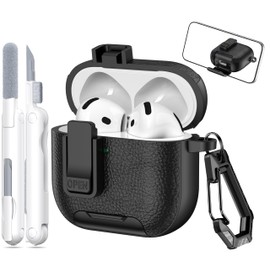MHYALUDO for AirPods 4th Generation Case with Locking Mechanism, Leather-Texture TPU Material, Dustproof Charging Port, Built-in Stand Function & Cleaning Kit Included - Black