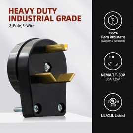 AIDA 30 Amp 125V RV Replacement Plug, NEMA TT-30P Heavy Duty Angle Plug, Self-Grounded Industrial Grade for Travel Trailers, Camper Vans, Generators, 2 Pole 3Wire, UL Listed