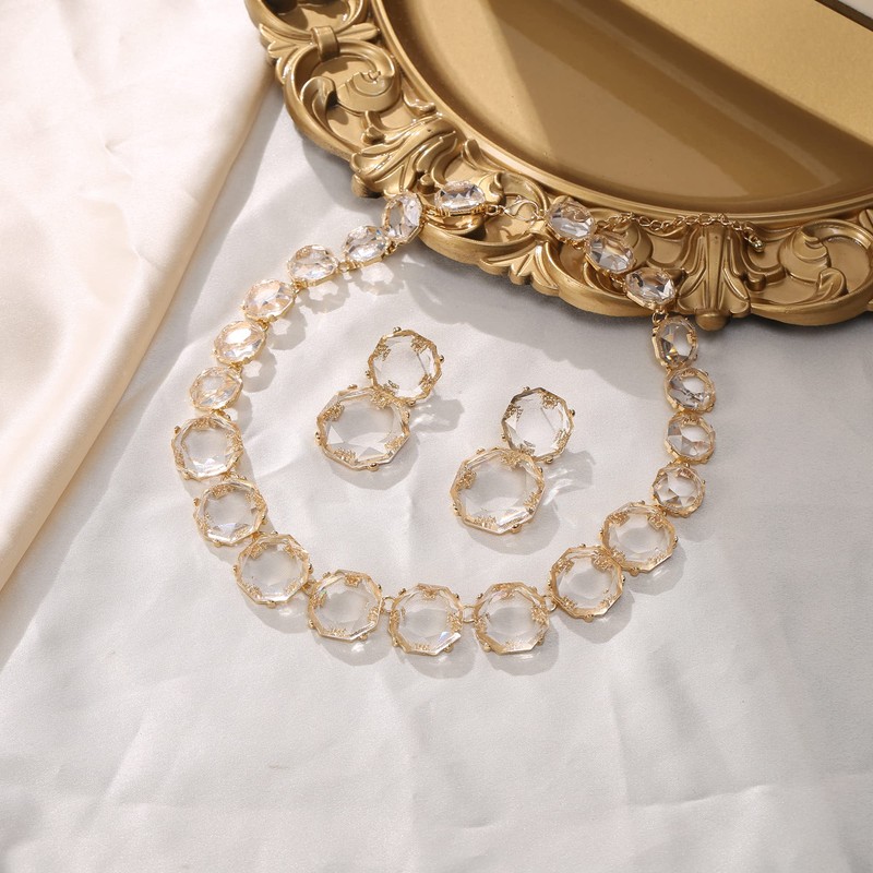 Ever Faith Clear Rhinestone Statement Choker Necklace Earrings Set, Round