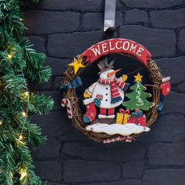 com-four® Christmas wreath braided - Door wreath WELCOME for Christmas - Christmas decoration to hang - Wooden wreath approx. Ø 24 cm (Snowman - M)