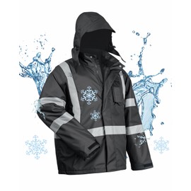 toolant Winter Safety Reflective Jacket for Men- Waterproof, High Visibility, Insulated, Multiple Pockets - Ideal for Work, Construction, and Outdoor, Black, 2XL