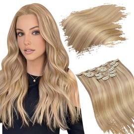 Ugeat Human Hair Clip in Extensions Highlight Blonde Clip in Hair Extensions Dark Ash Blonde Highlight Light Blonde Remy Hair Extensions Clip in Human Hair 16Inch 120g 7pcs