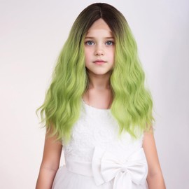 WTHCOS Green Wig for Kids Girls Short Lace Seam Curly Wavy Heat Resistant Synthetic Wigs for Daily Use With Wig Cap(Green Ombre)