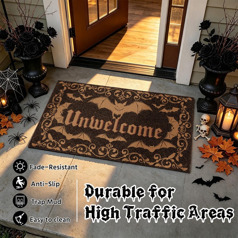 Halloween Unwelcome Door Mat, Gothic Dark Bat Doormat Indoor Outdoor