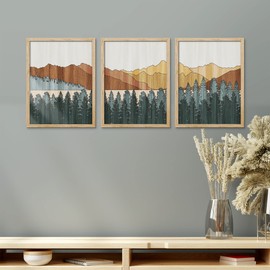 SIGNWIN Framed Green Pine Tree Wall Art, Set of 3 Mountain Range Valley Wall Decor Prints, Nature Wilderness Wall Décor for Living Room, Bedroom - 11"x14" Natural