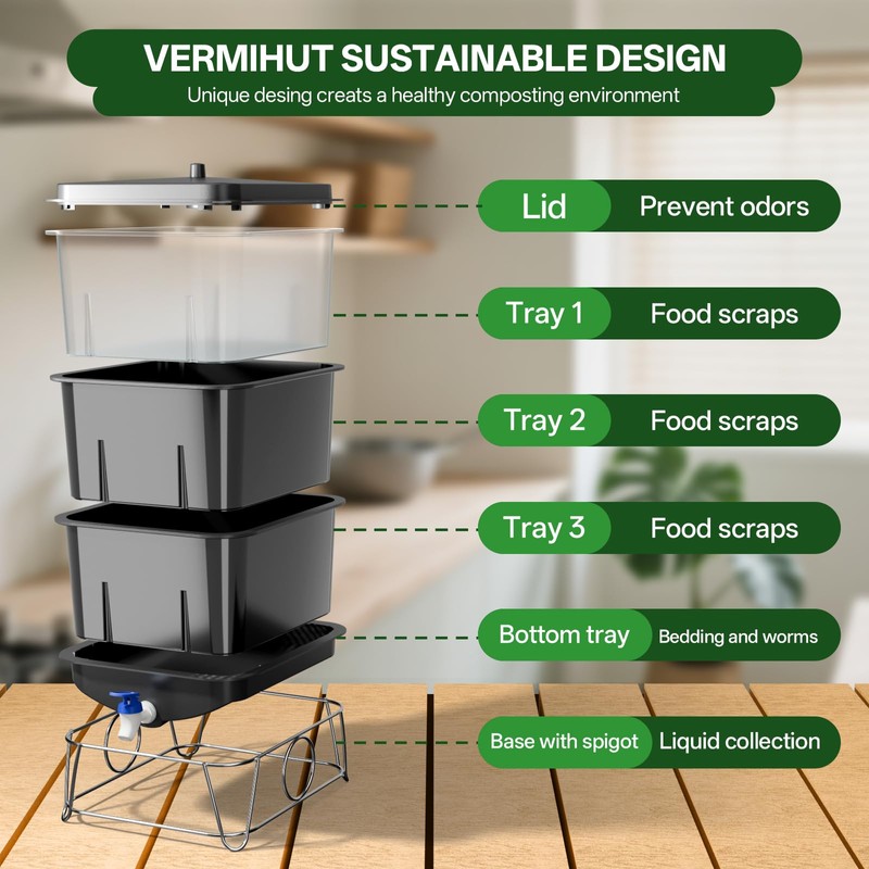 HCGADON 3-Tray 15L Worm Farm Composting Bin with Tool Set