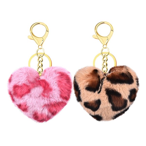 Leopard Heart Keychain Set for Women Girls Cute Fluffy Keychains