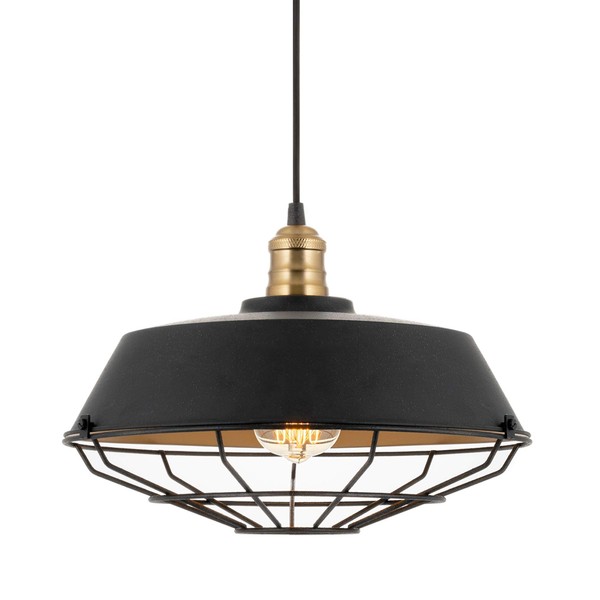 Kira Home Jaxon 14" Industrial Farmhouse Pendant Light, Wire Caged Hanging Light, Warm Brass Accents + Textured Black Finish
