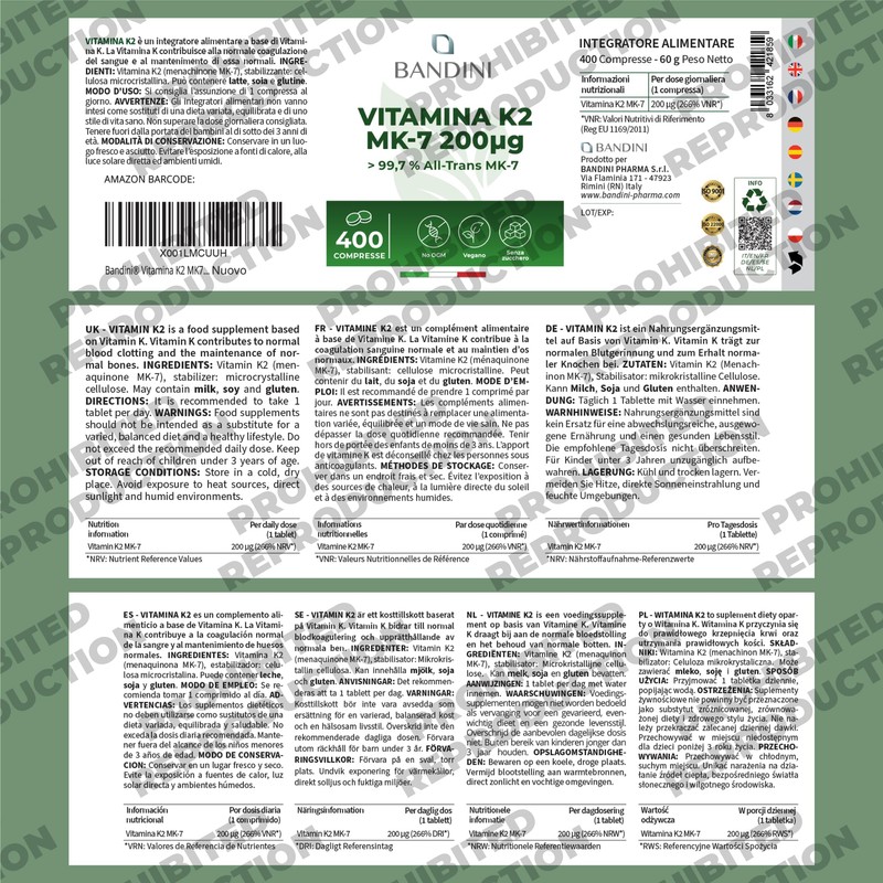 Bandini® Vitamin K2 MK7 200mcg | 400 Vegan Tablets |