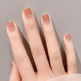 Nail Tips Short Set of 24 False Nails Gradient Glitter Shiny Nails Finger Parts Double Sided Tape 48 Sticks File Alcohol Pads Gold