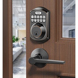 TEEHO TE001L Keyless Entry Door Lock with 2 Handles - Electronic Keypad Deadbolt with Door Lever, Front Door Handle Sets, Auto Lock, Easy Installation, Oil Rubbed Bronze