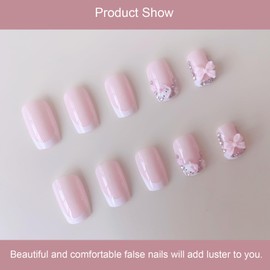 24 PCS Press on Nails French Fake Nails Kitty Cat Fake Nails Bow Fake Nails Short Fake Nails Gifts for Women and Girls (No.62)