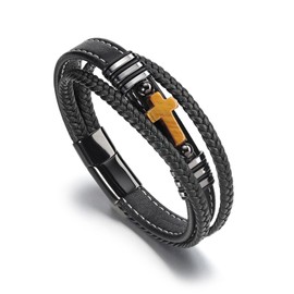 Jovivi Mens Leather Cuff Bracelets Natural Tiger Eye Stone Cross Beads with Stainless Steel Clasp Multilayer Braided Leather Bracelets Protection Jewelry Gifts for Him