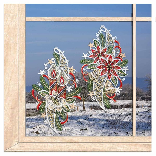 Set of 2 Embroidered Winter Window Decorations Candles and Poinsettias