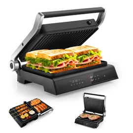 ARLIME 3 in 1 Panini Grill Press Sandwich Maker, 180 Degrees w/5 Auto Cooking Modes & LED Display, 1200W Electric Indoor Grill with Removable Plates & Drip Tray, Panini Press Grill for Breakfast