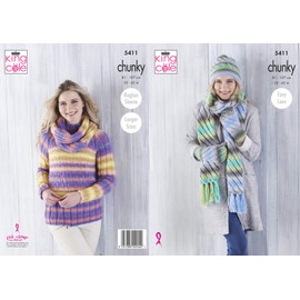 King Cole 5411 Knitting Pattern Sweater Cowl Hat Scarf and Mittens in Riot Chunky