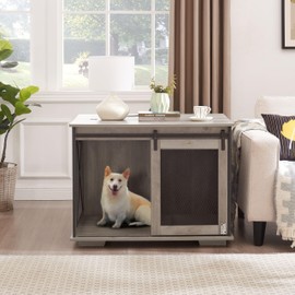 CKEASEAN Farmhouse Style Dog Cage Crate Furniture with Sliding Barn Door, Wooden Dog Kennel End Table with Flip-top Plate and Detachable Divider for Small/Medium/Large Dogs (Gray Wash)