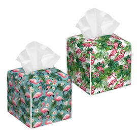 Tropical Palm Leaf Flamingo 2 Pcs Tissue Box Cover Square Leather Tissue Case Holder Facial Paper Organizer Decorative for Bathroom Kitchen Car Office Home Decor