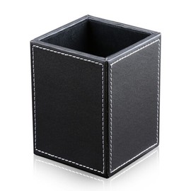 KINGFOM PU Leather Square Pens Pencils Holder Cup Desktop Stationery Organizer Case Office Accessories Container Box (Black)