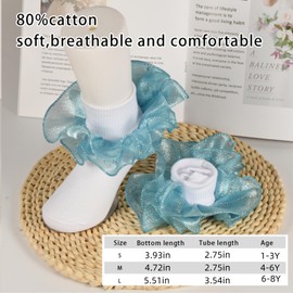 KUANINUNAR 3 Pairs Girls Ruffle Double Lace Frilly Dress Socks Big Turn Cuff White Socks for Toddler Girls Kids (US, Age, 1 Year, 3 Years, Light Blue Light Green Blue)